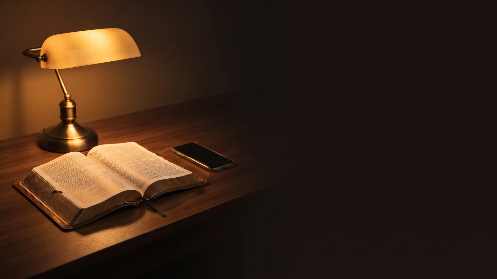 Escritorio con la Biblia abierta y una lámpara encendida