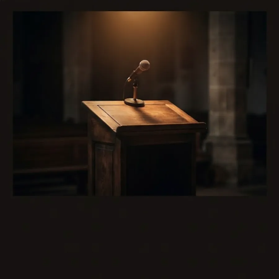 Púlpito de madera iluminado en una iglesia